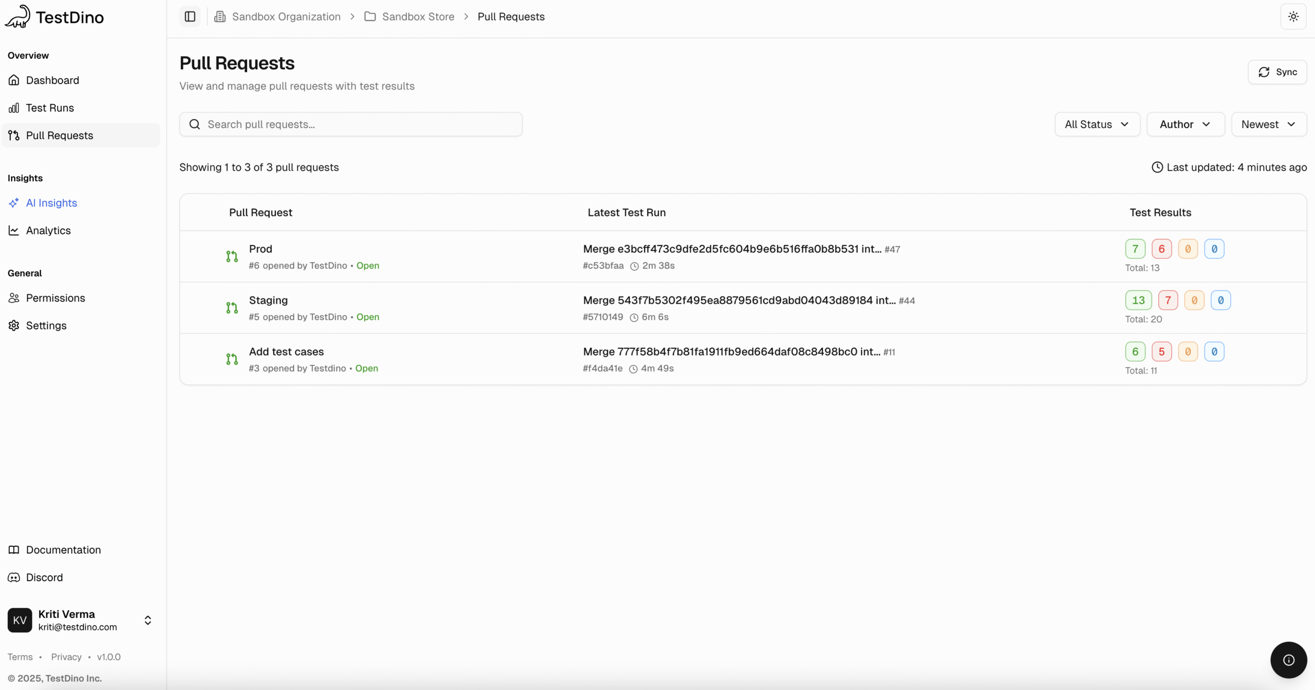 TestDino Pull Request Dashboard