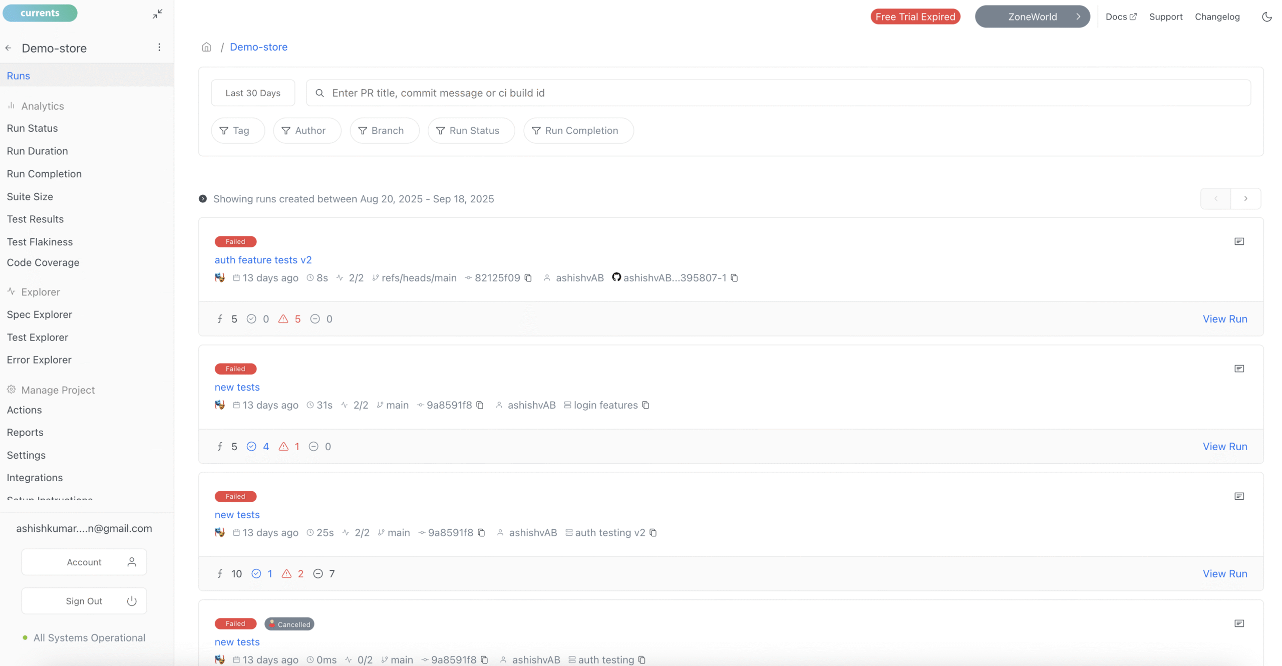 Currents Test Runs View