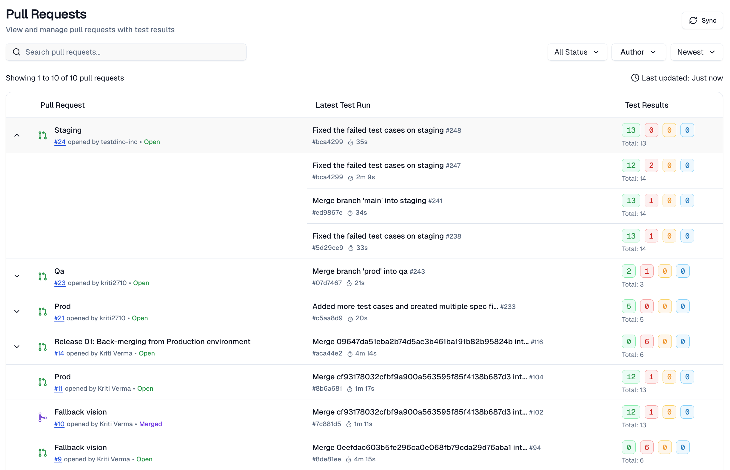 TestDino Playwright PR tab layout