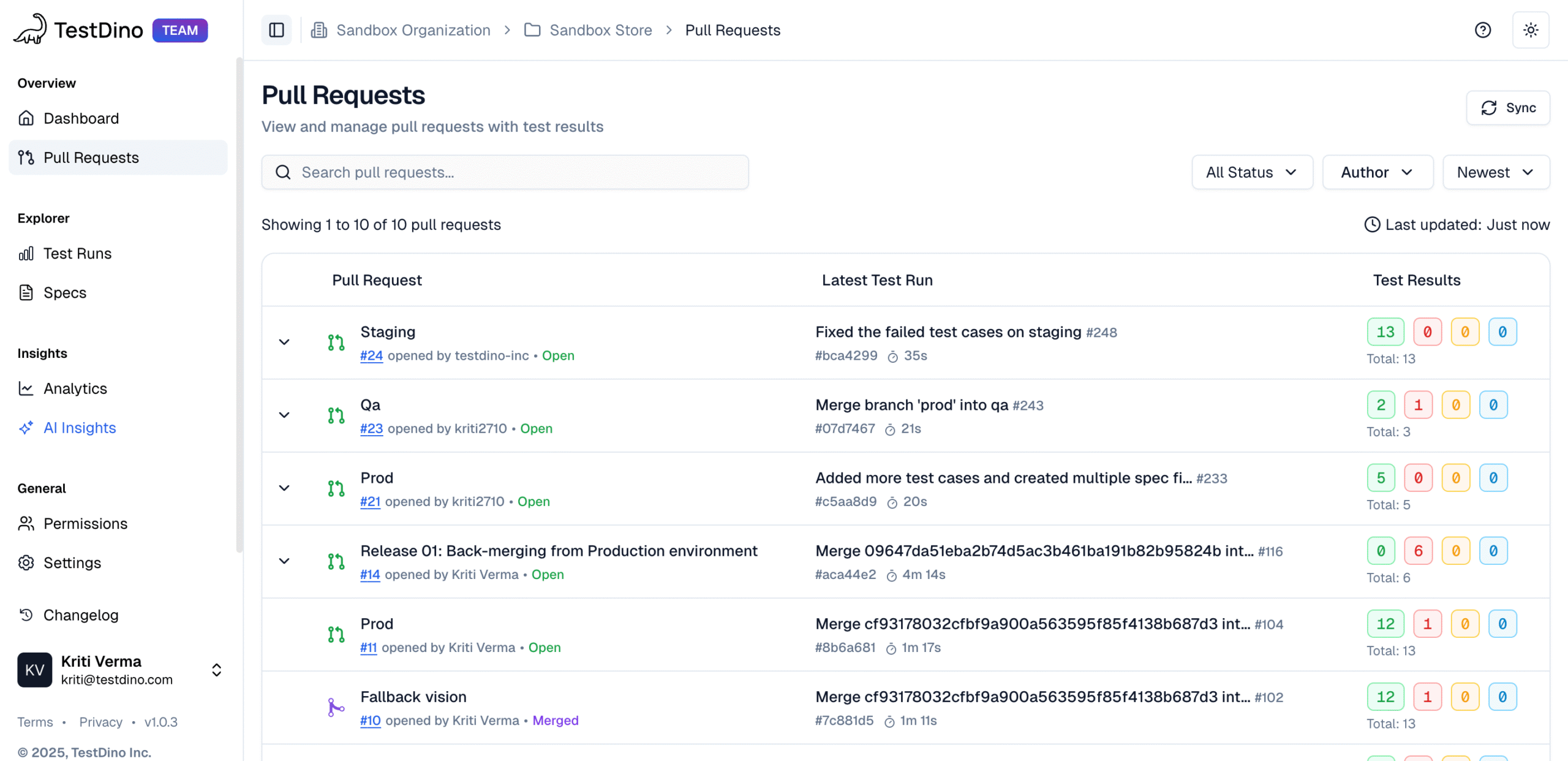 TestDino Playwright Test Run Pull Requests