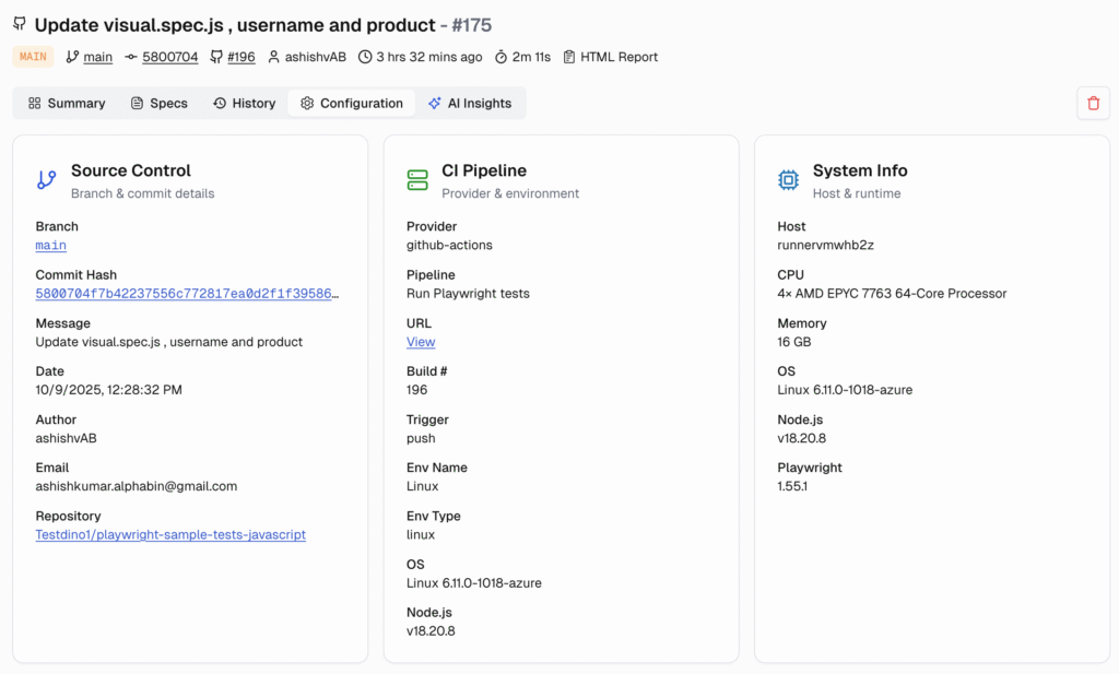 Playwright Test Runs Tab 1 Configuration