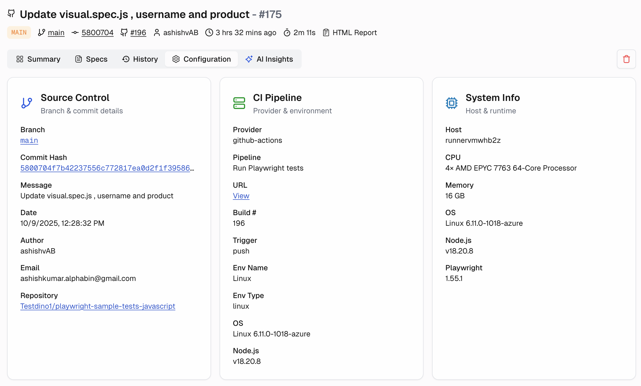 Playwright Test Runs Tab 1 Configuration
