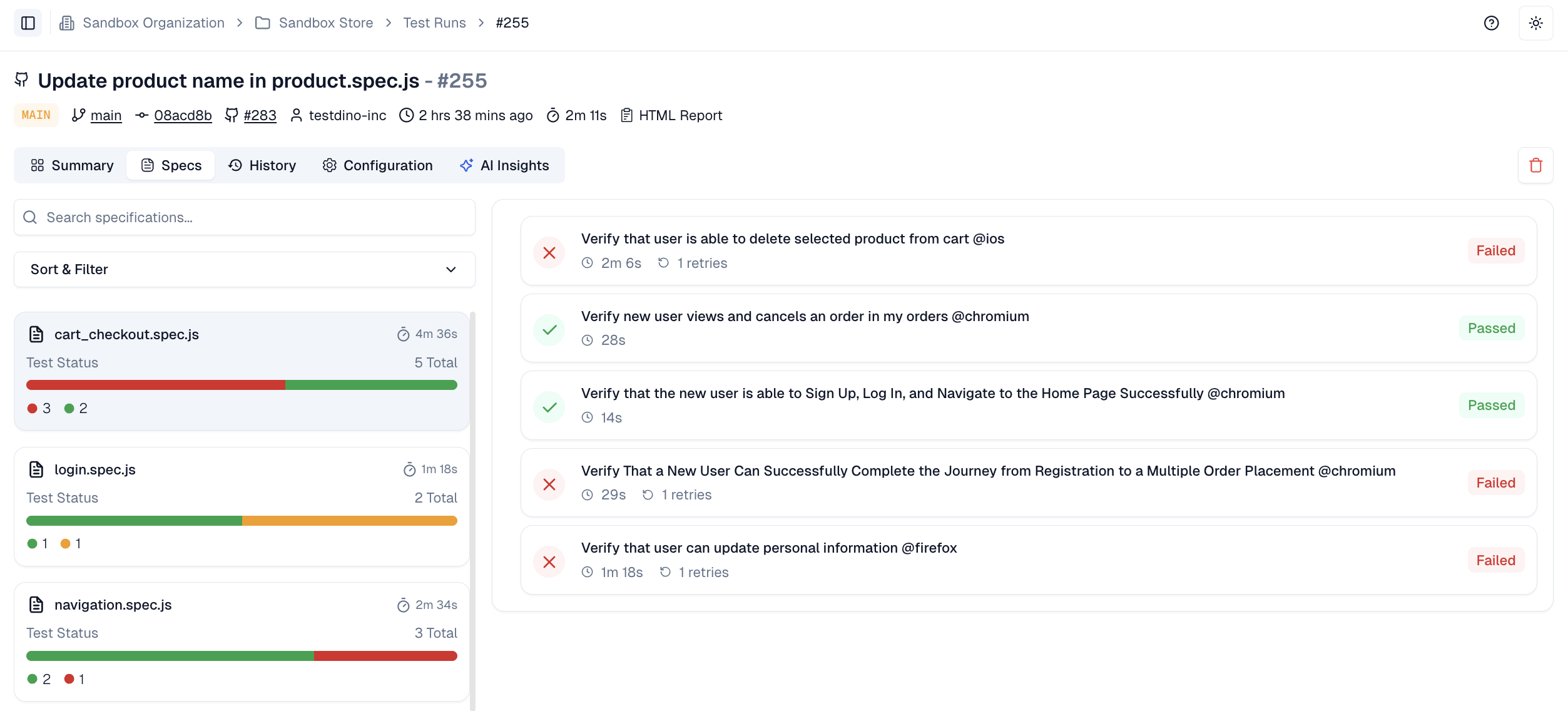 Playwright Specs Tab