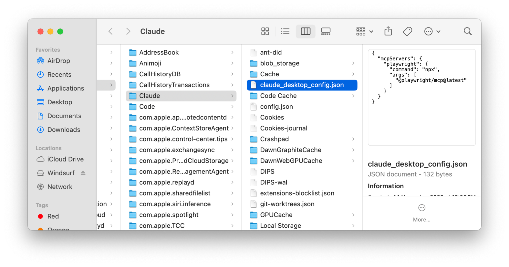 macOS Finder showing claude_desktop_config.json with Playwright MCP server configuration using npx and @playwright/mcp.