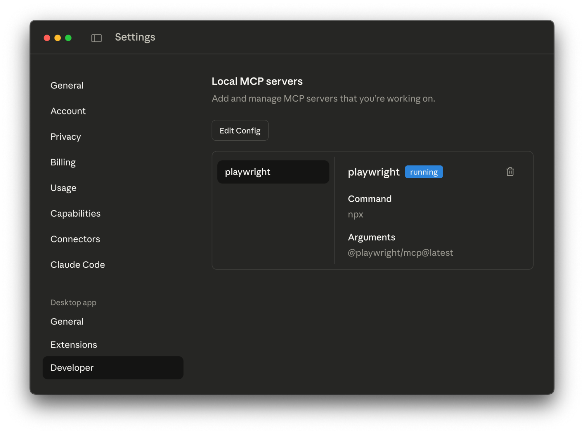 Claude Desktop settings showing a local MCP server configuration with Playwright running via npx and @playwright/mcp.