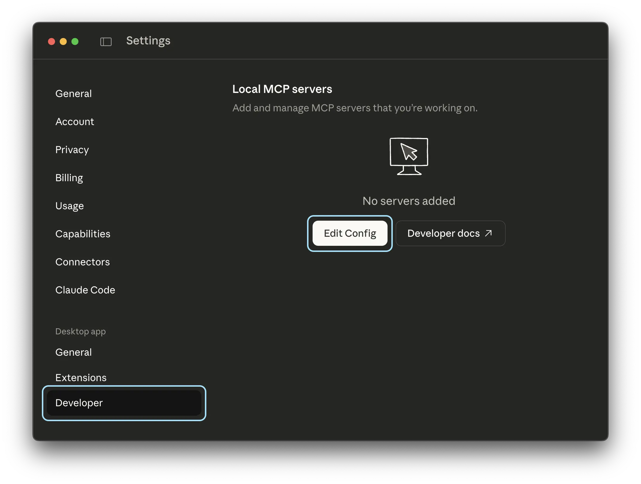 Claude Desktop settings screen showing Local MCP servers configuration with Edit Config option in Developer settings.