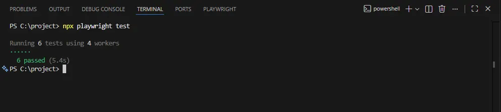 Playwright dot reporter output showing dots for test execution progress and a summary of passed tests in the terminal