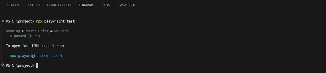 Playwright terminal output showing how to open the HTML test report using npx playwright show-report