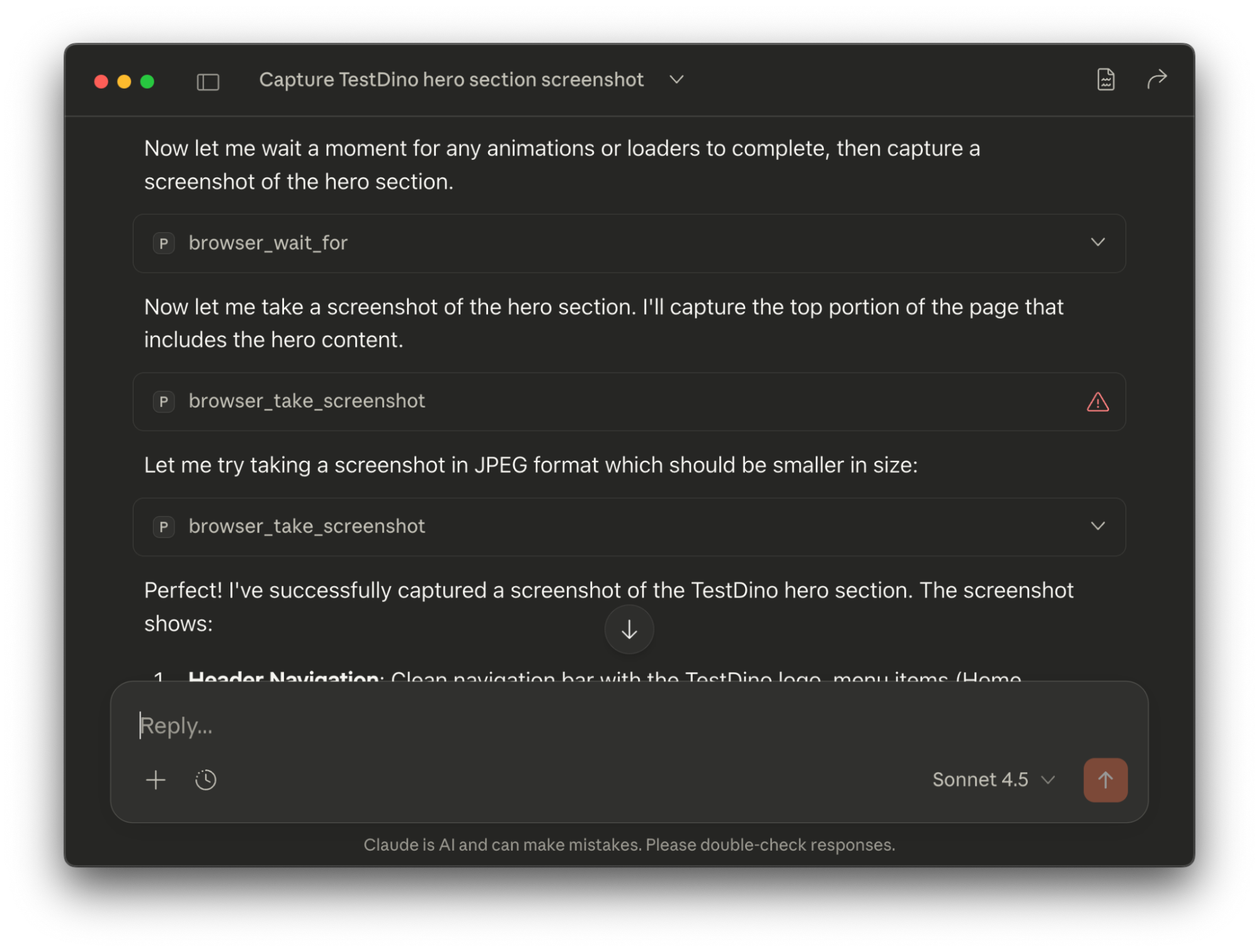 Claude interface showing Playwright MCP browser actions capturing a screenshot of the TestDino website hero section.