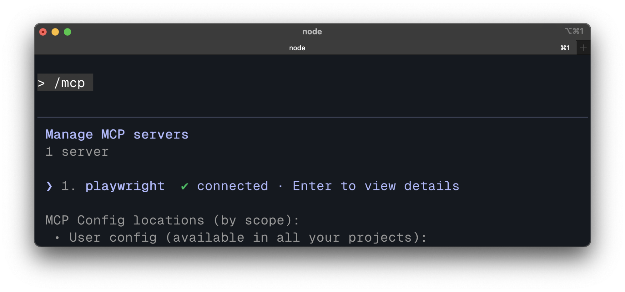 Command-line interface showing Playwright MCP server connected successfully and listed under managed MCP servers.