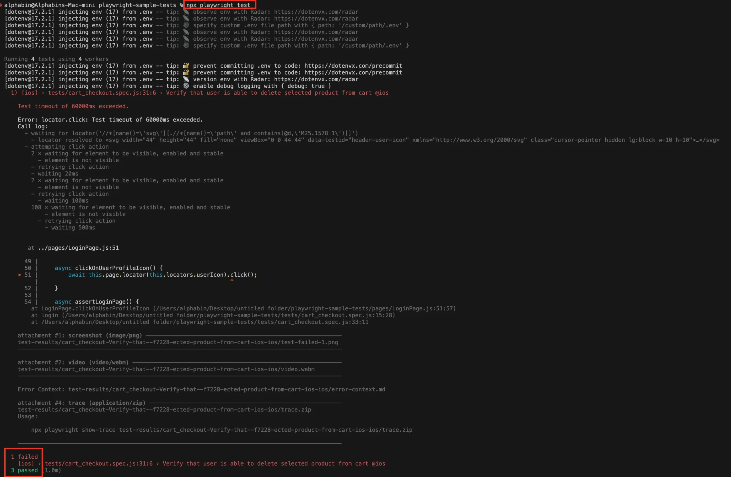 Playwright test execution in terminal showing a failed test with error details after running npx playwright test