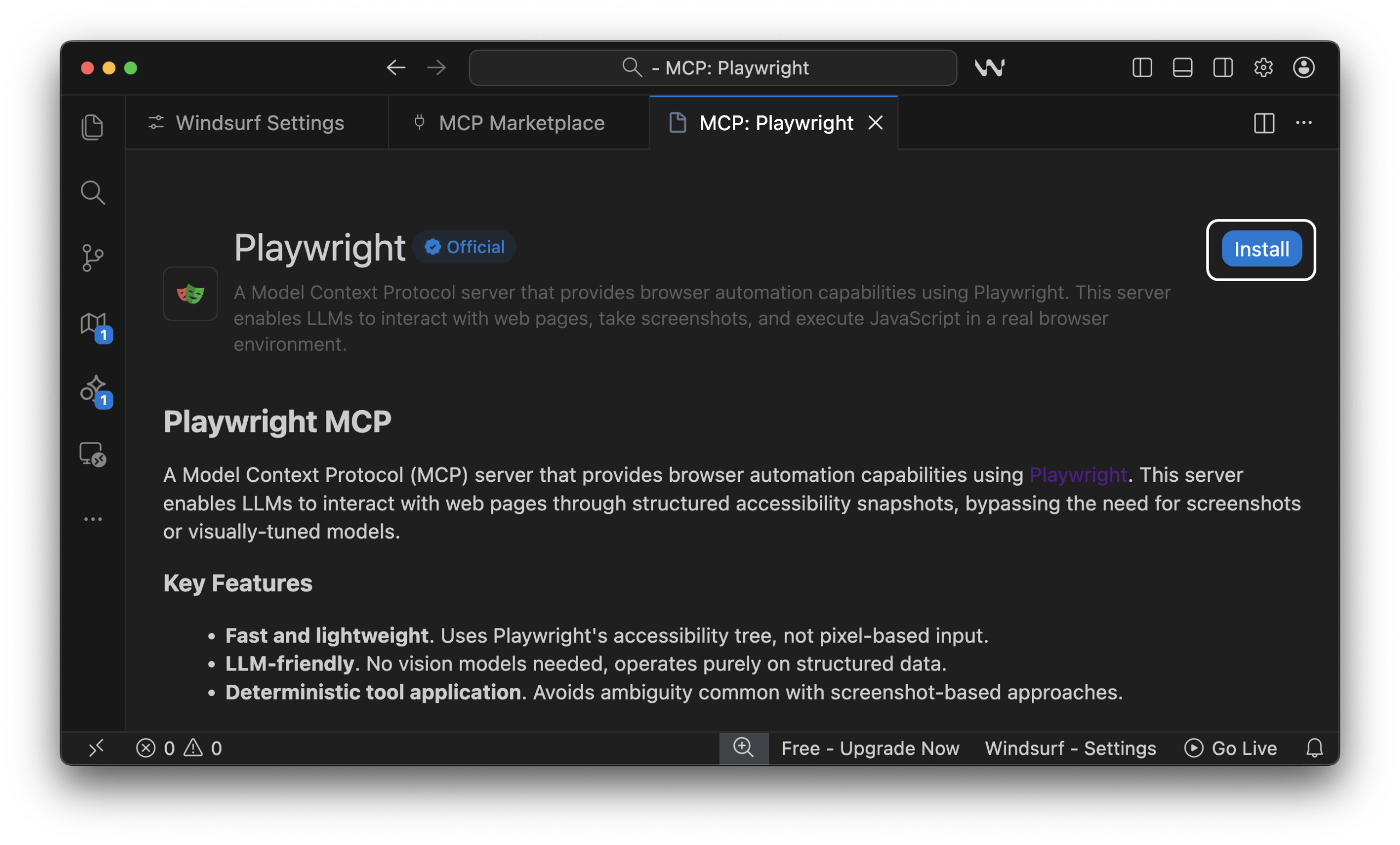 windsurf-playwright-mcp-details-install-screen