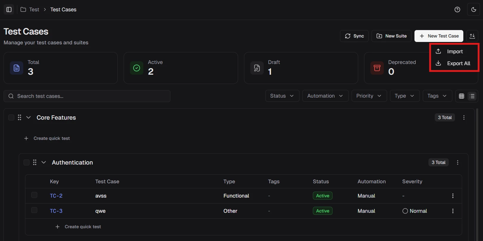 Import and Export Test Cases