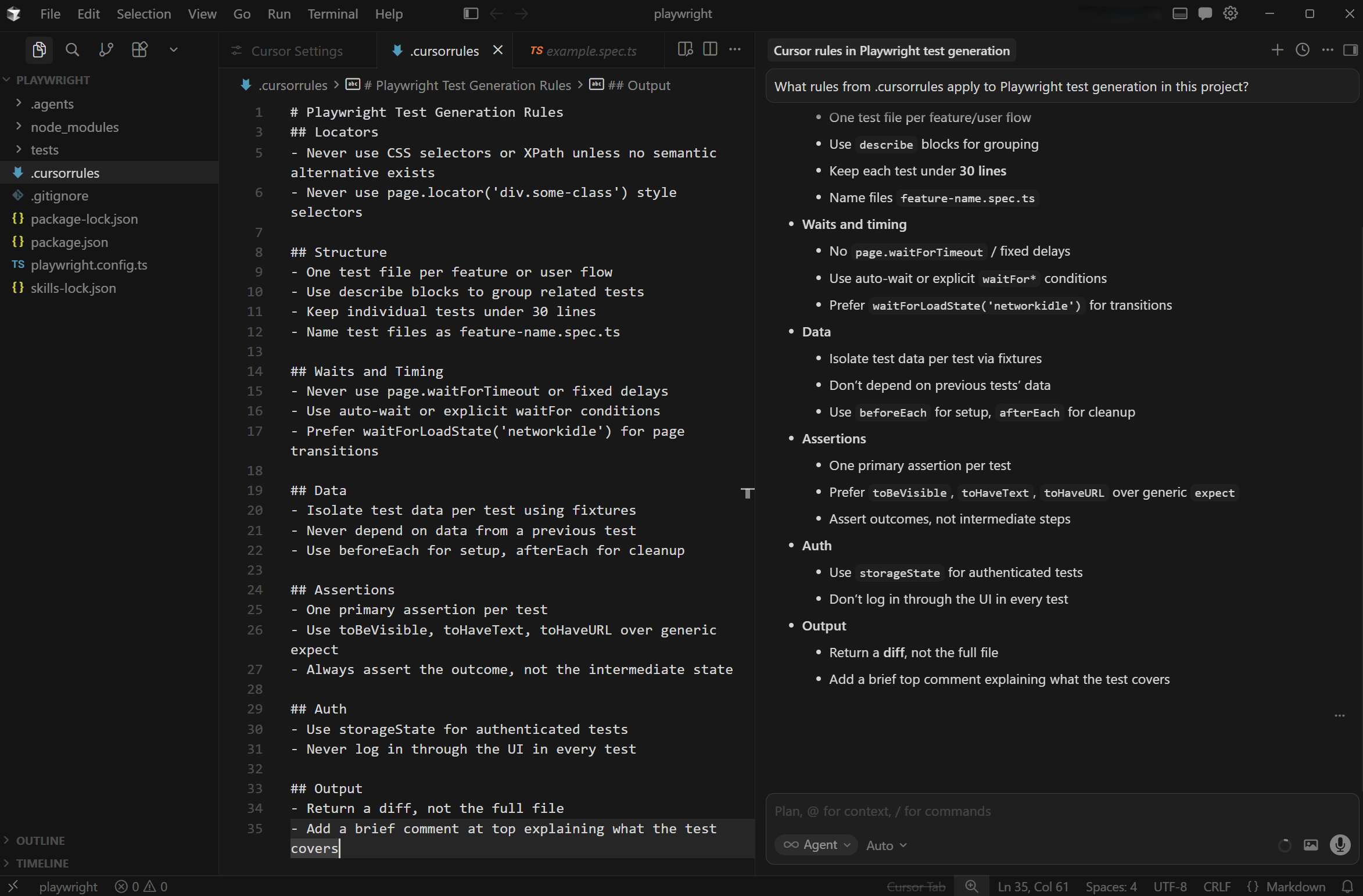 .cursorrules file open in Cursor with the rules visible