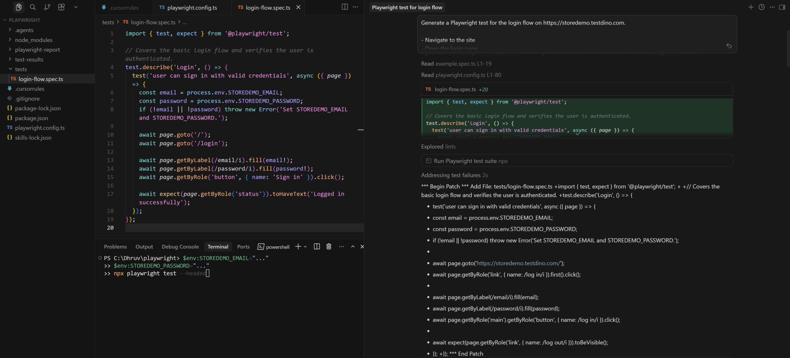 Cursor terminal showing a passing Playwright test output