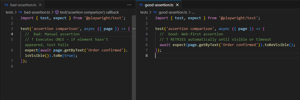 Web-first assertions vs manual assertions comparison diagram