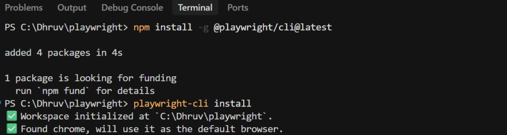 Playwright CLI installation output showing successful setup