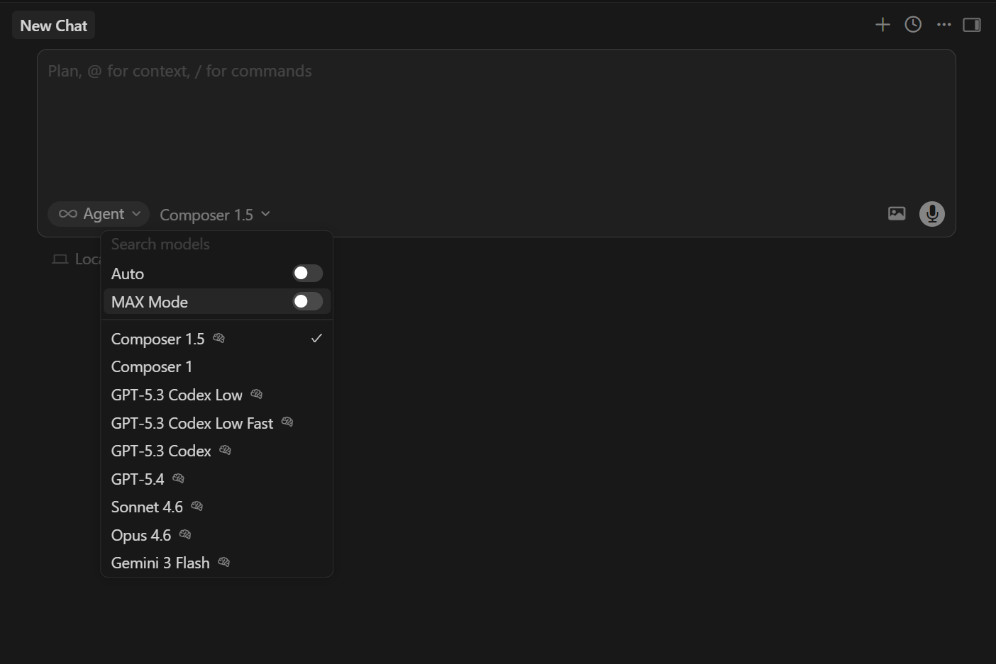 Model selector dropdown in Cursor showing Claude Sonnet, Opus, and Composer options