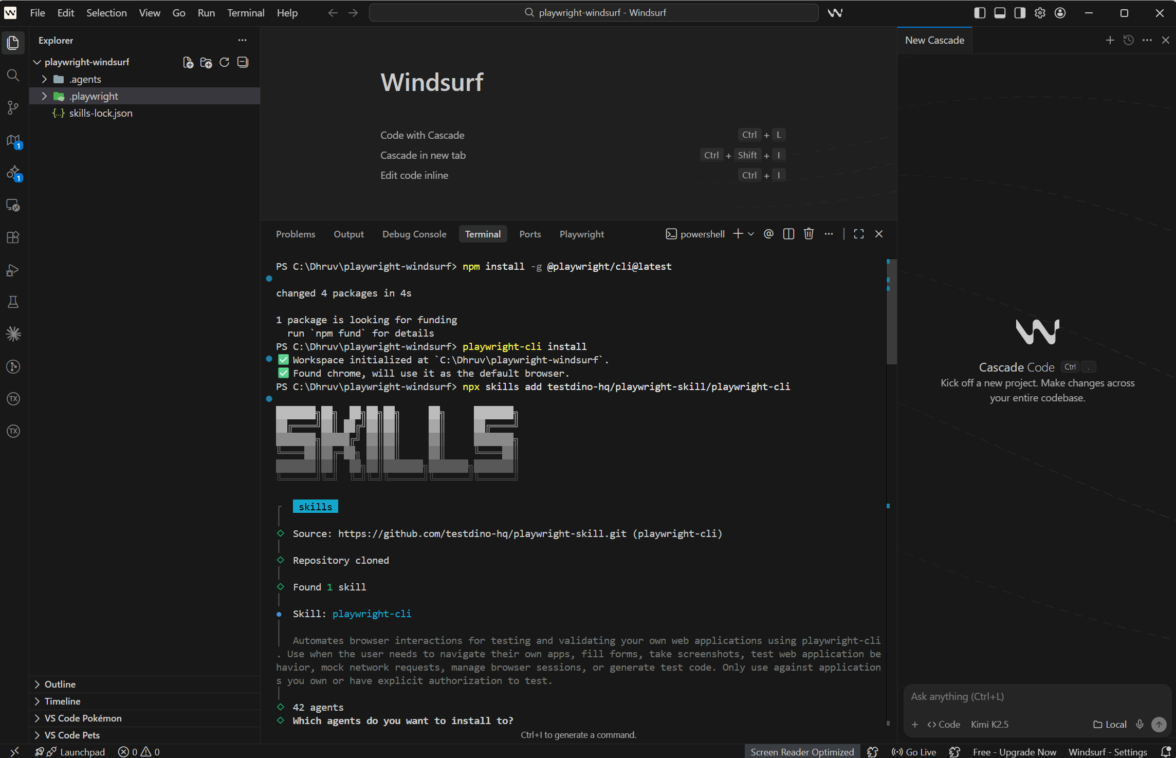 Playwright skills installed in Windsurf