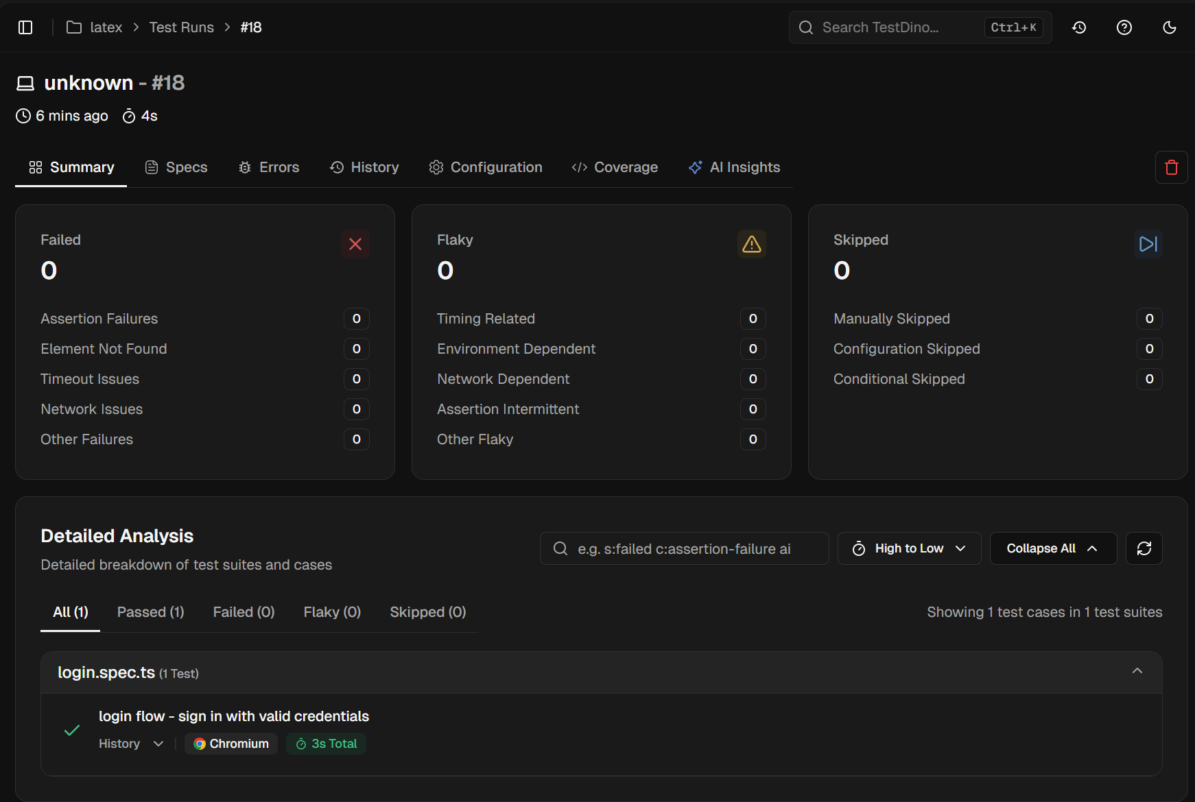 TestDino Dashboard showing Detailed Analysis 