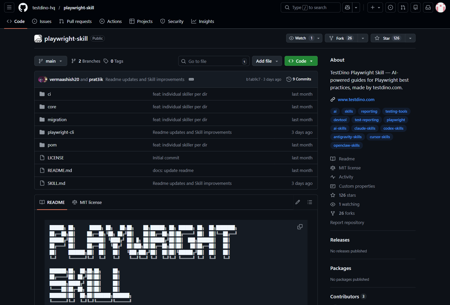Playwright Skills repository showing the 5 pack folders