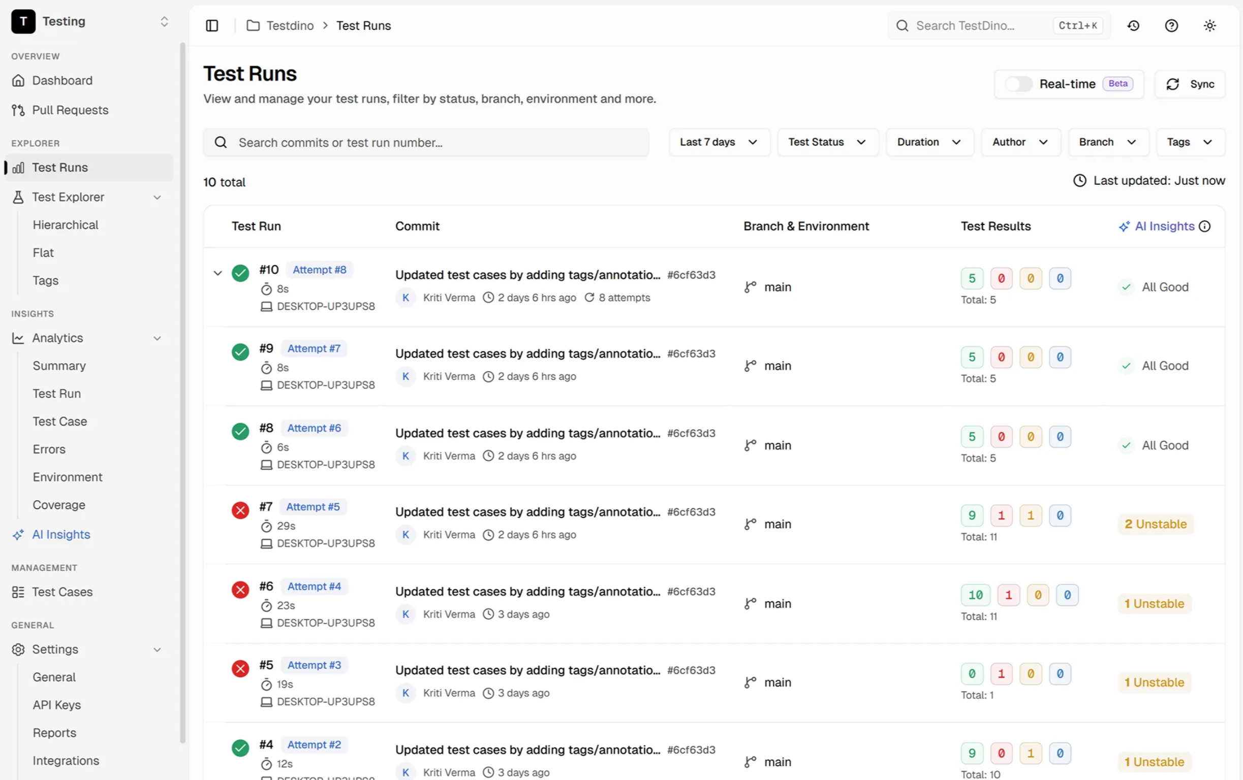 TestDino dashboard showing execution logs and test flakiness trends