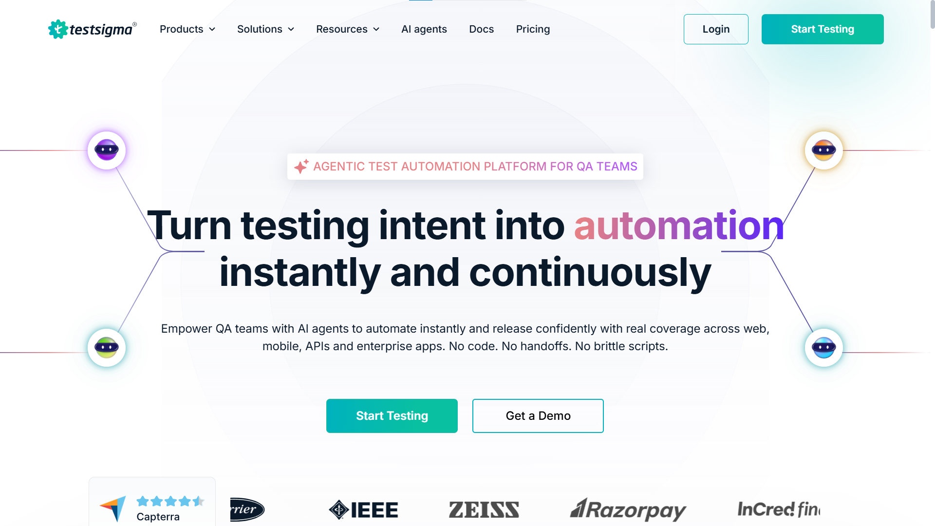 Screenshot of the Testsigma homepage