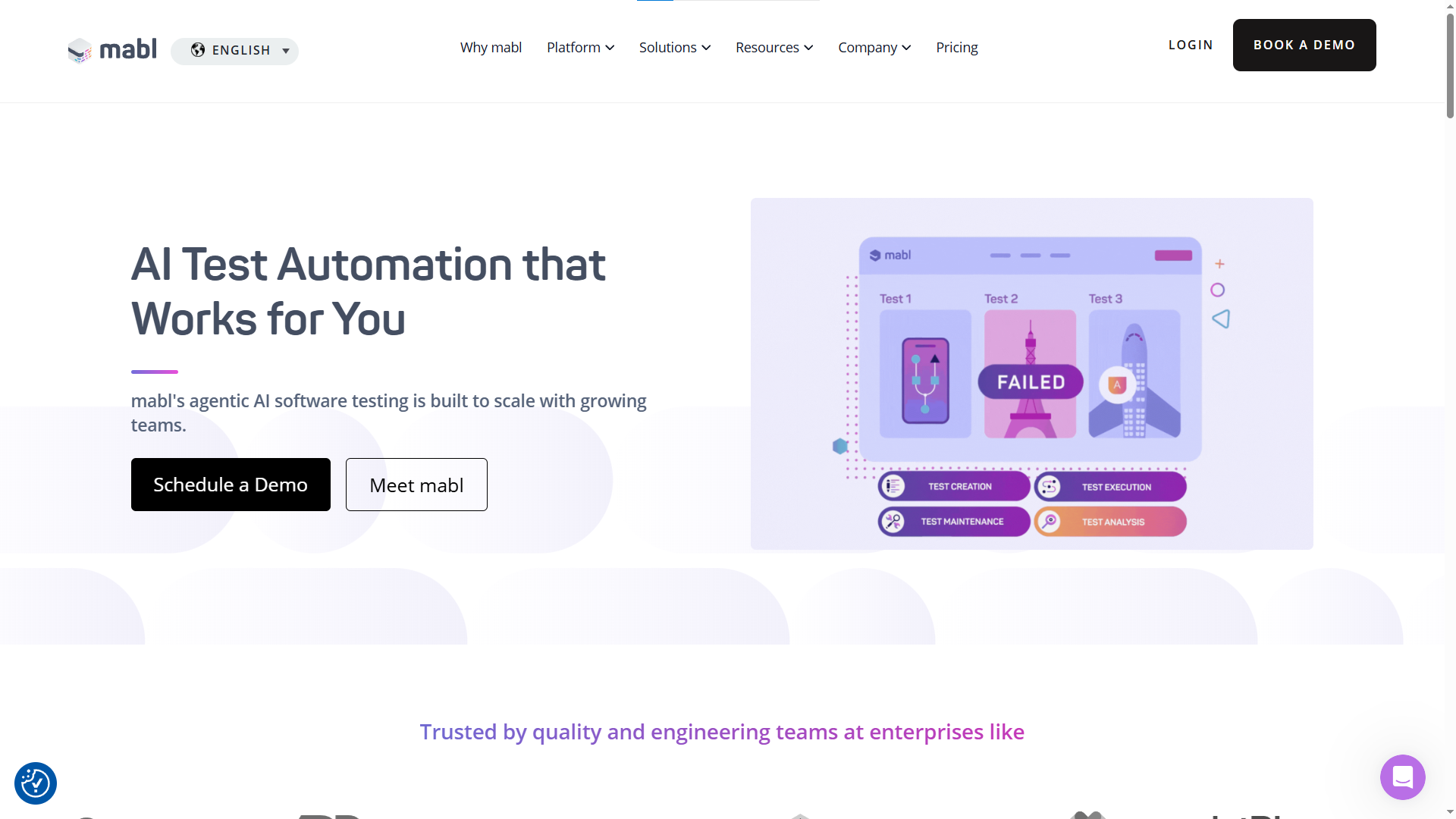 Mabl platform dashboard displaying auto-healing test data and performance analytics