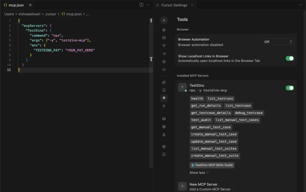 TestDino MCP server configured in Cursor with test management tools