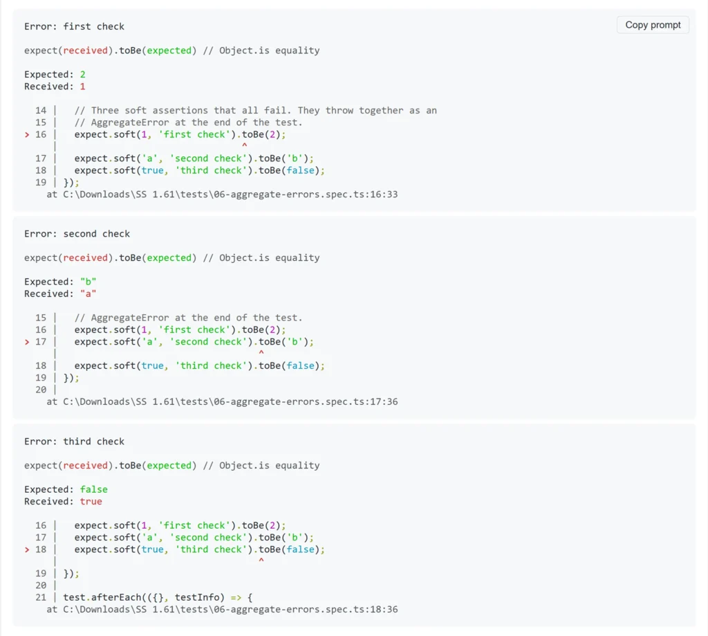 Playwright 1.61 HTML report showing each AggregateError sub-error as a separate block