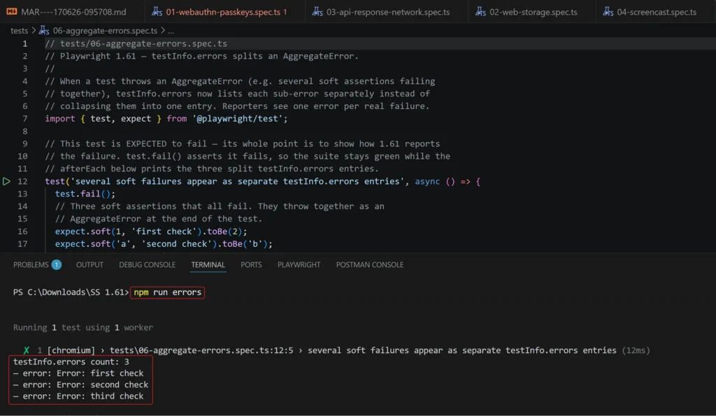Playwright 1.61 testInfo.errors reporting three separate AggregateError entries