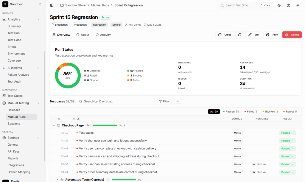 Manual test run execution in TestDino with per-case results