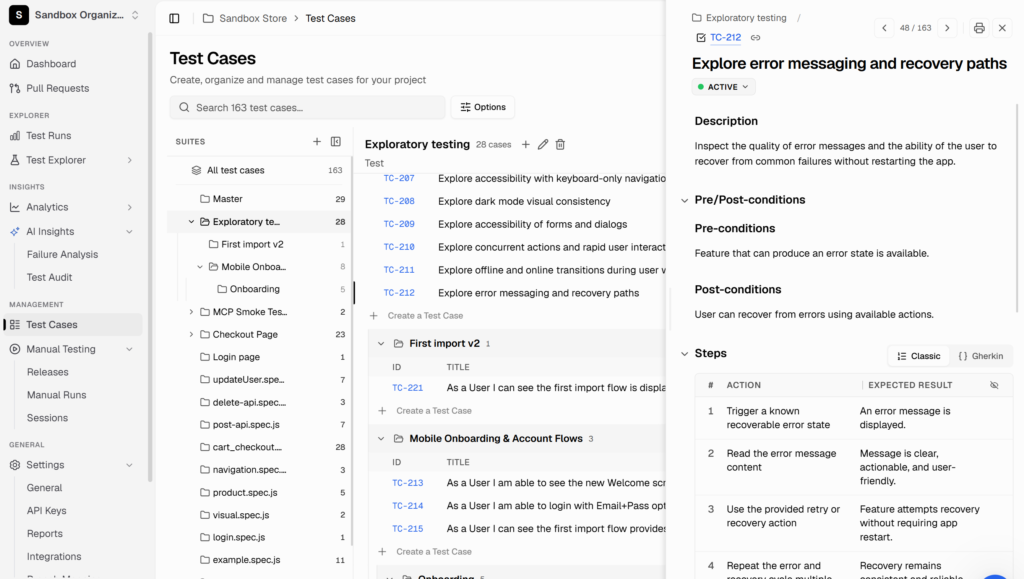 Nested test suites and test case detail panel in TestDino