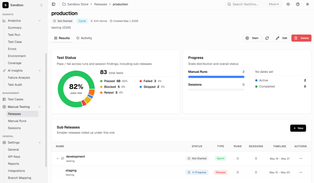 Release view in TestDino with pass rate, progress, and sub-releases
