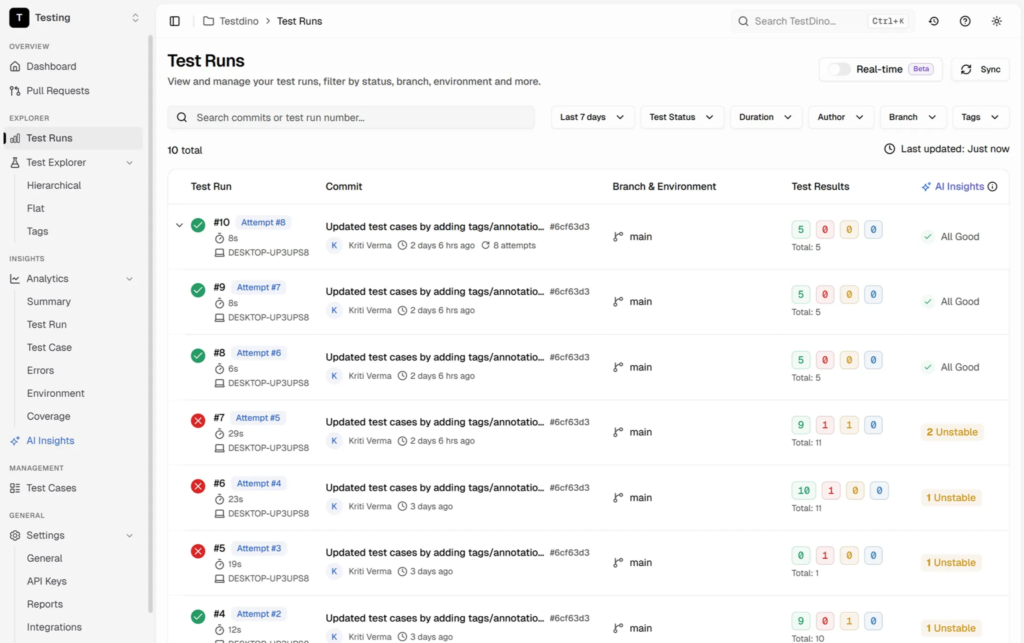 Test Runs view in TestDino with per-run results and AI Insights