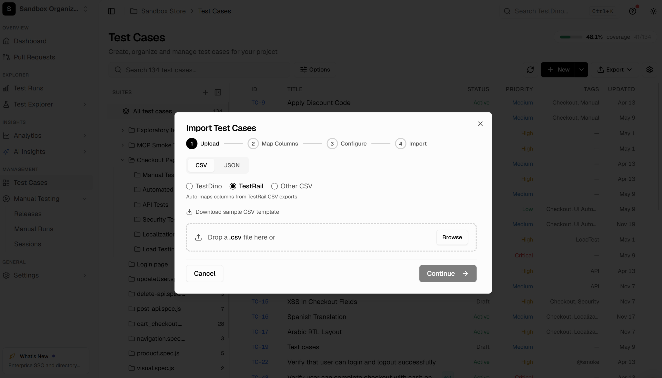 TestDino import wizard with TestRail option selected