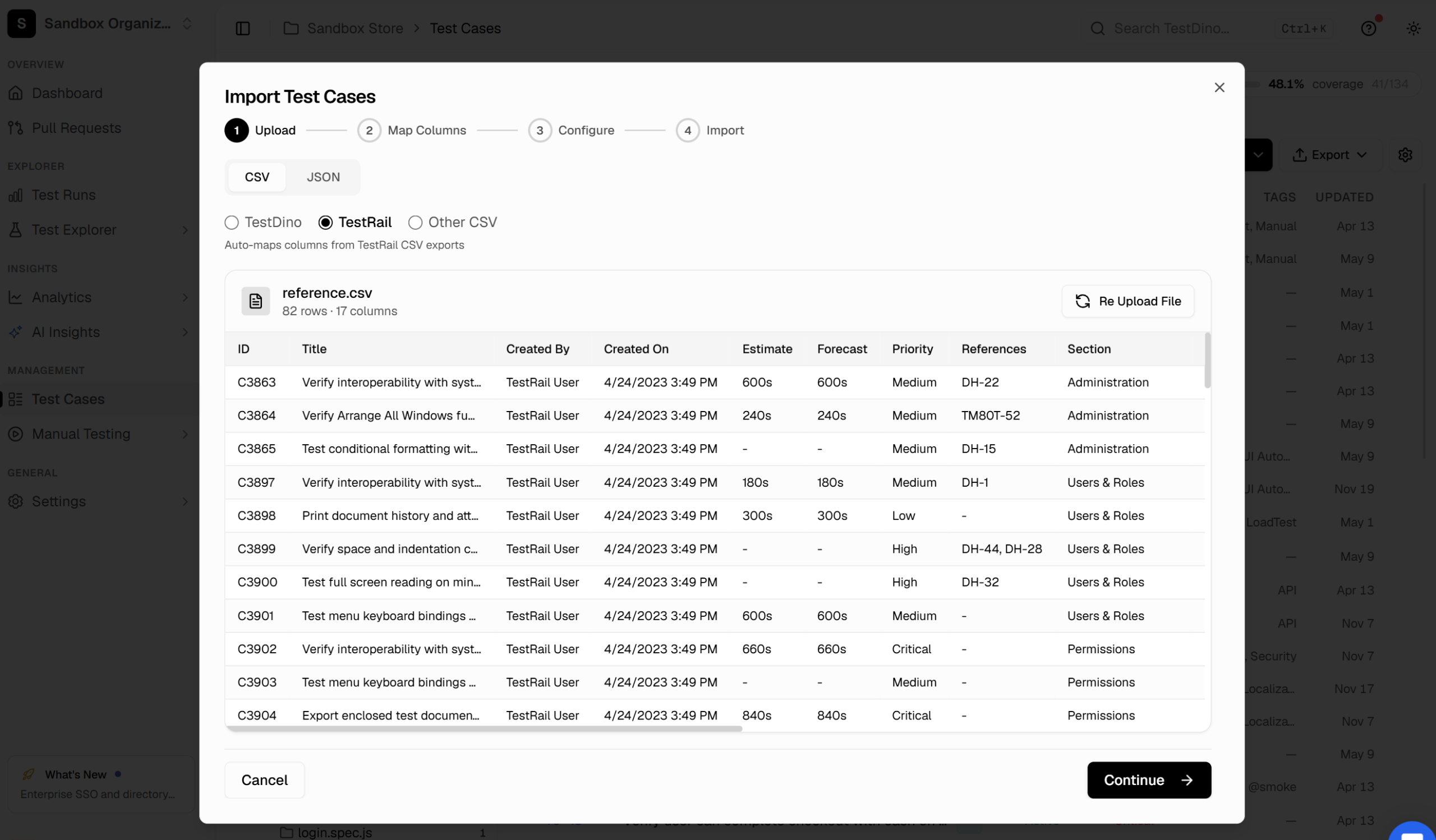 TestRail CSV preview in TestDino import wizard, 82 rows and 17 columns