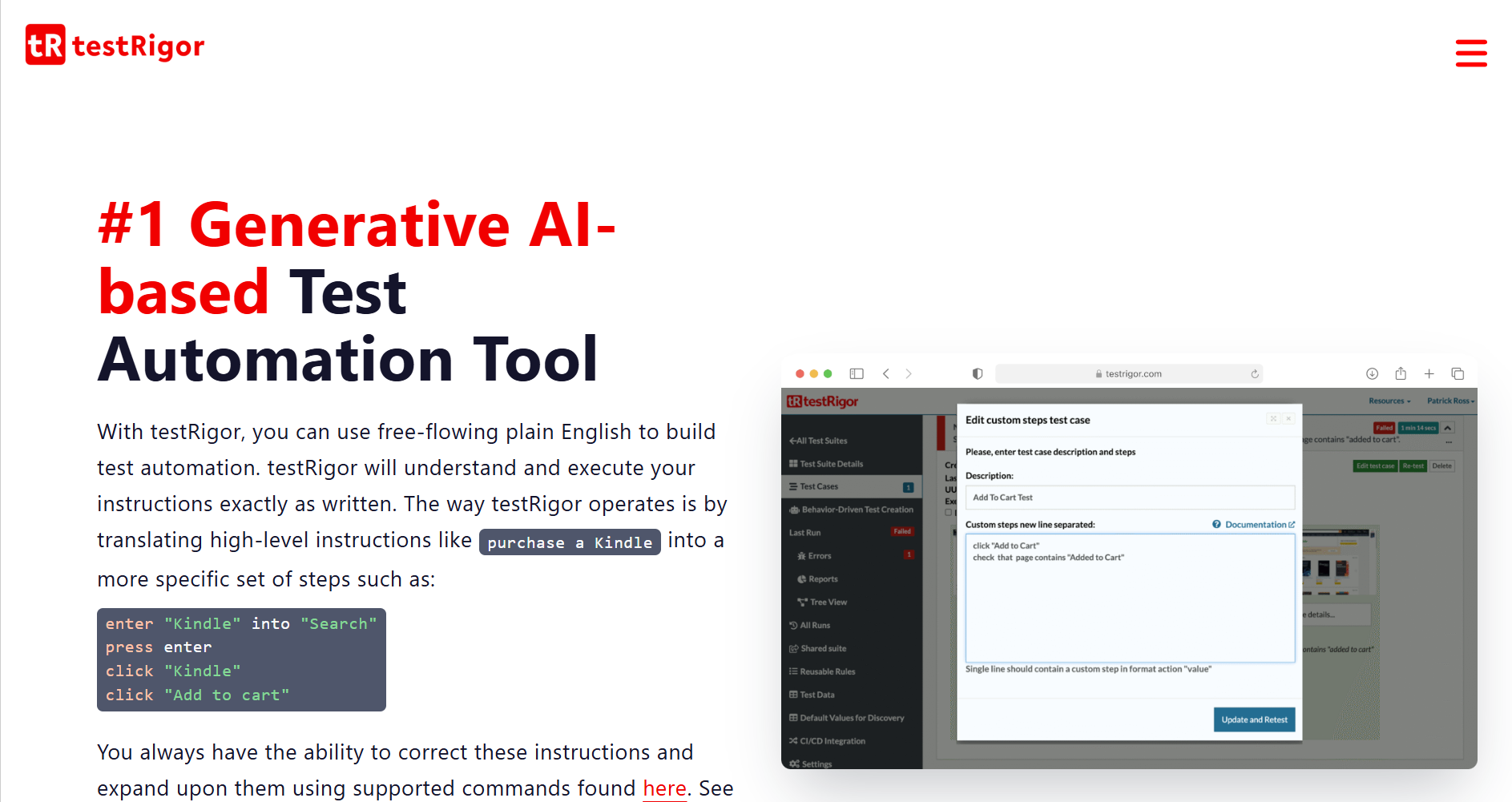 Screenshot of the testRigor homepage