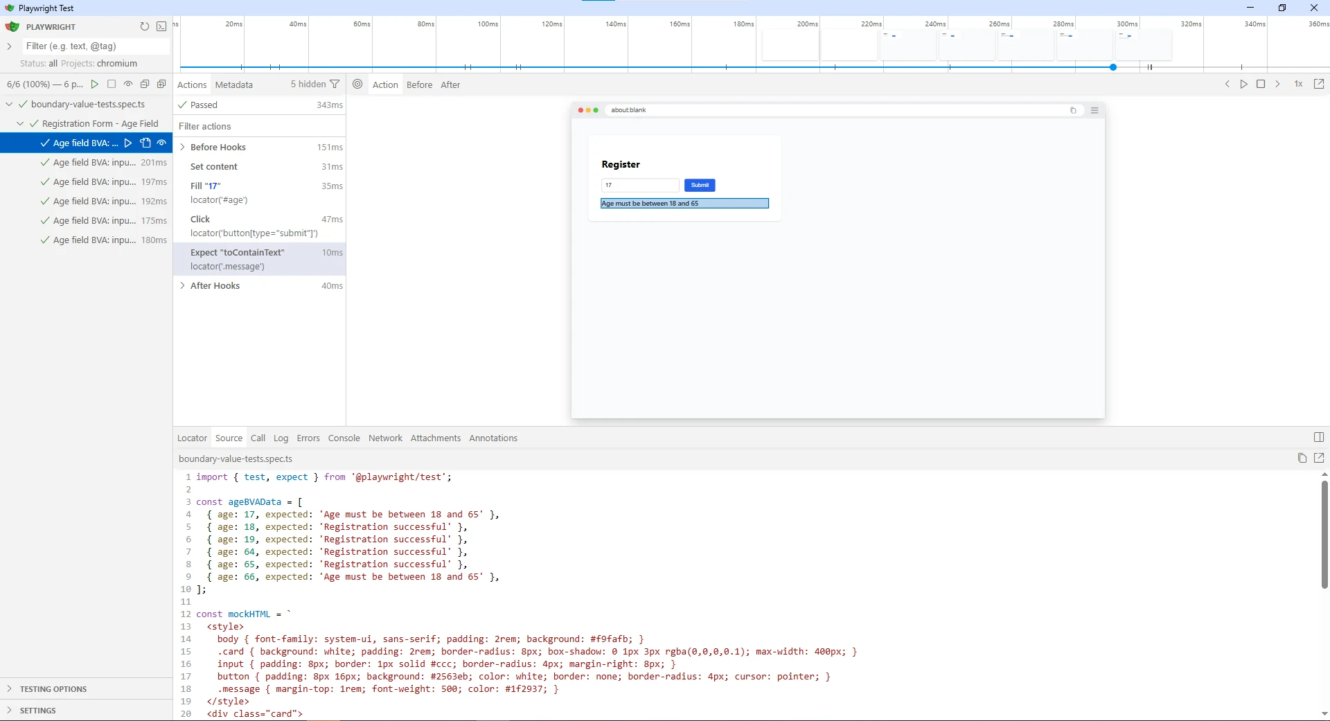 Playwright UI Mode showing 6 parameterized boundary value analysis tests successfully passing for an age field