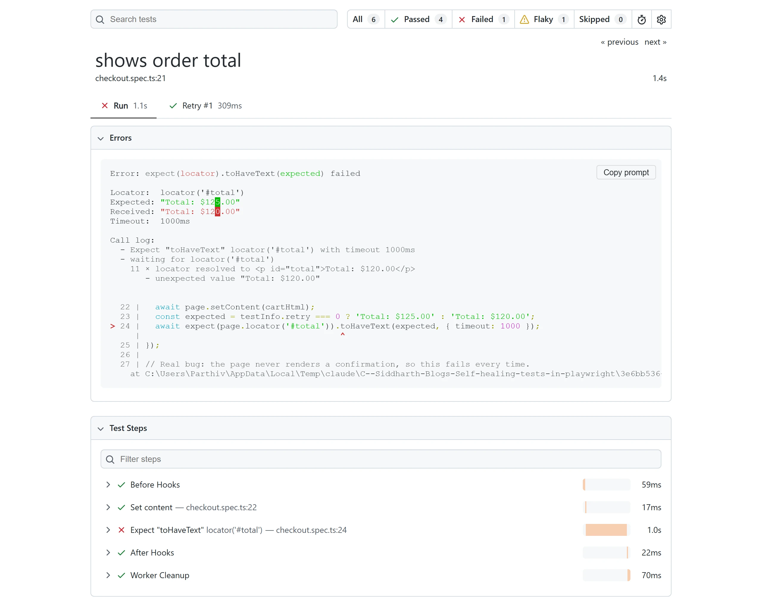 Playwright HTML report detail page for a flaky test with a failed Run tab at 1.1s, a passed Retry #1 tab at 309ms, and the toHaveText error from the first attempt