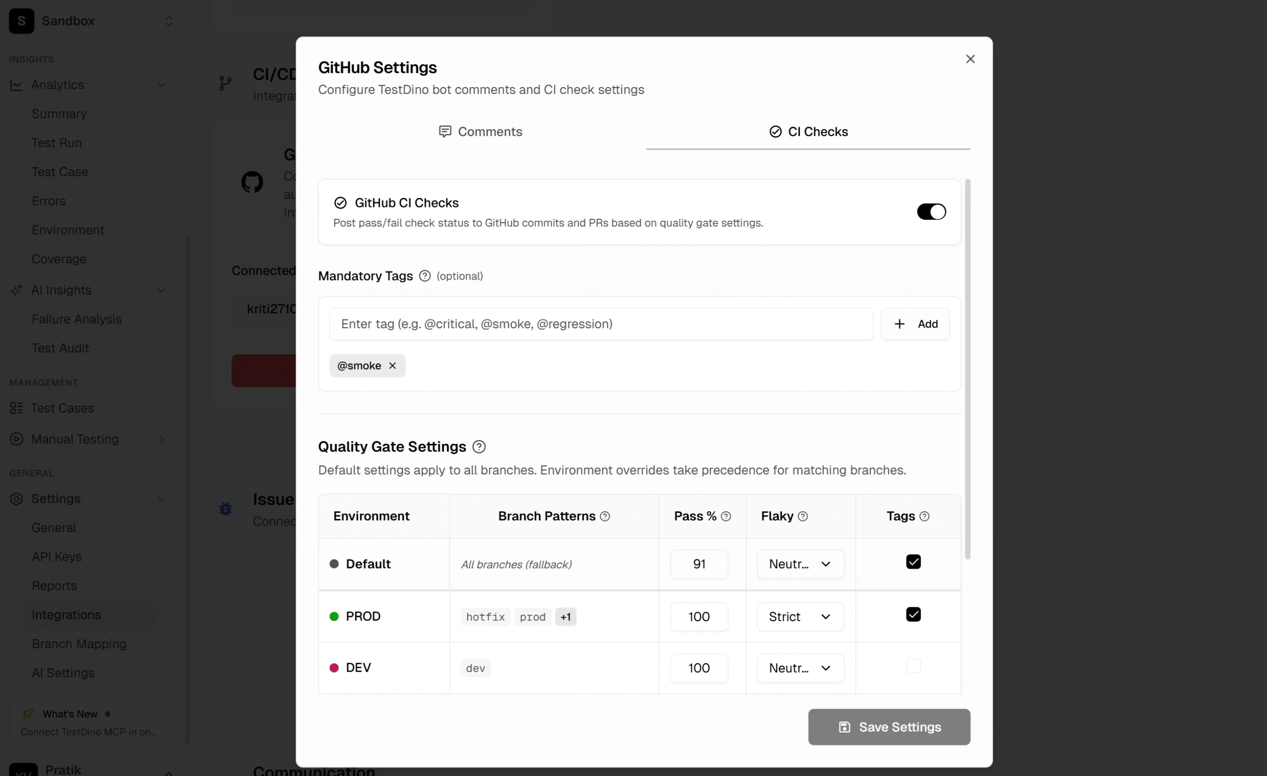 TestDino CI/CD quality gate interface showing automated pull request validation rules, flaky test thresholds, and pipeline pass criteria