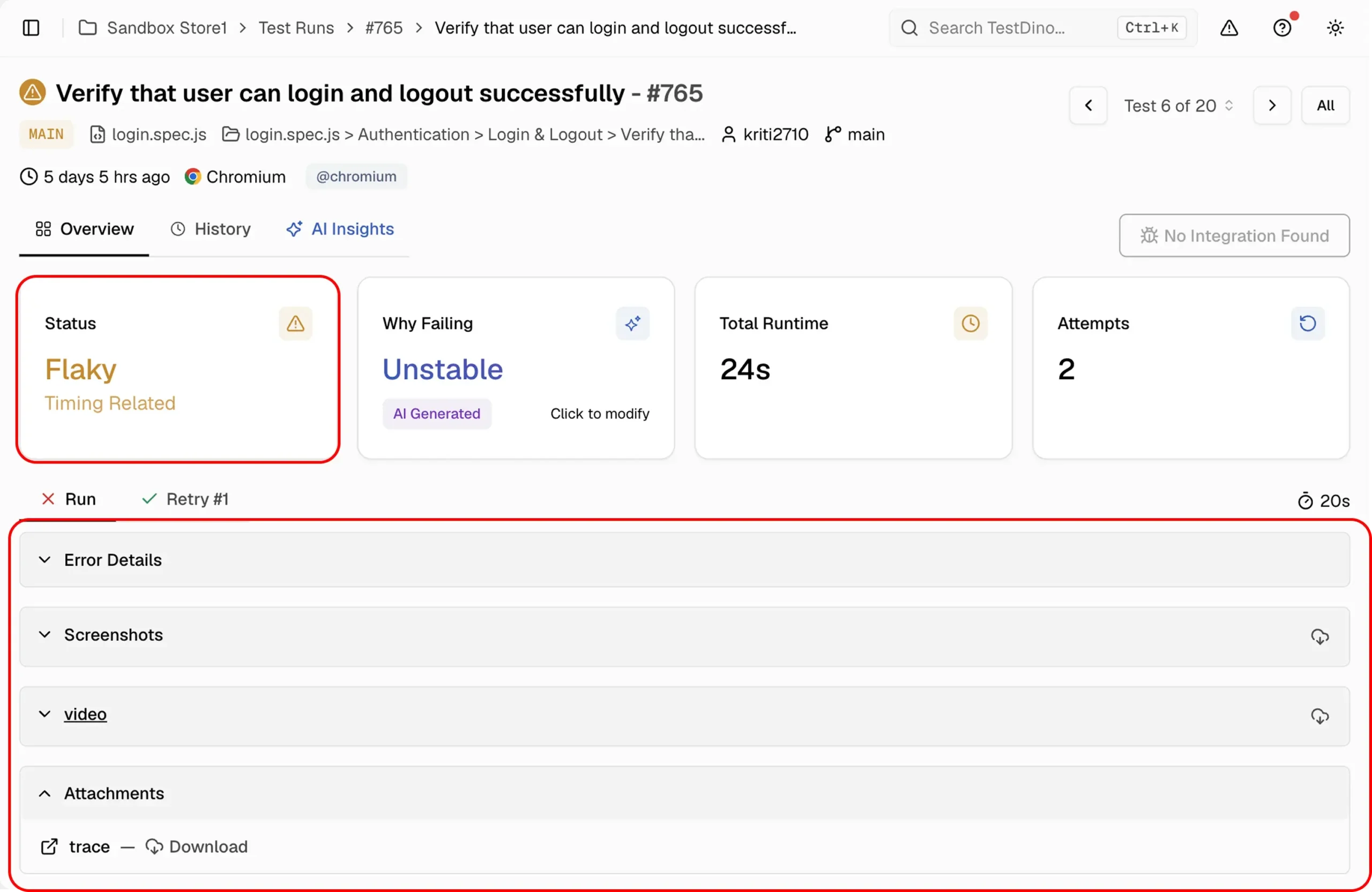 TestDino test page showing Status Flaky and Timing Related, Why Failing Unstable, Total Runtime 24s, Attempts 2, and Run and Retry #1 tabs above error details, screenshots, video, and trace